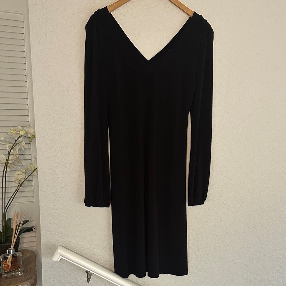 Joseph Ribkoff LBD Black Button Dress V Neck Split Back Size 10 Classic Party